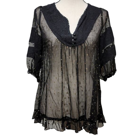 Hazel Polka Dot Blouse Womens Sz S Black‎ Gold Sheer Witchy Whimsigoth Top Shirt - Picture 1 of 7